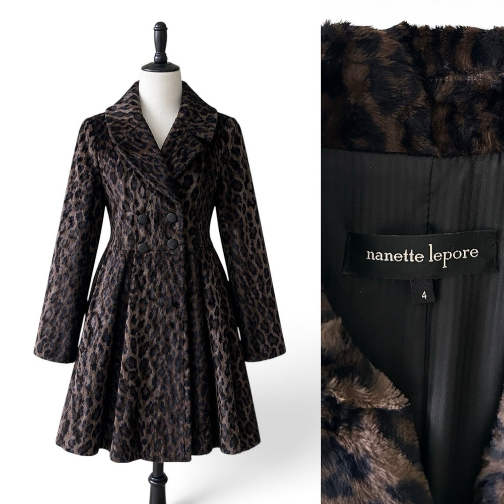 Nanette Lepore Women's Size 4 Brown Black Multicolor Leopard Flared Skirt Coat